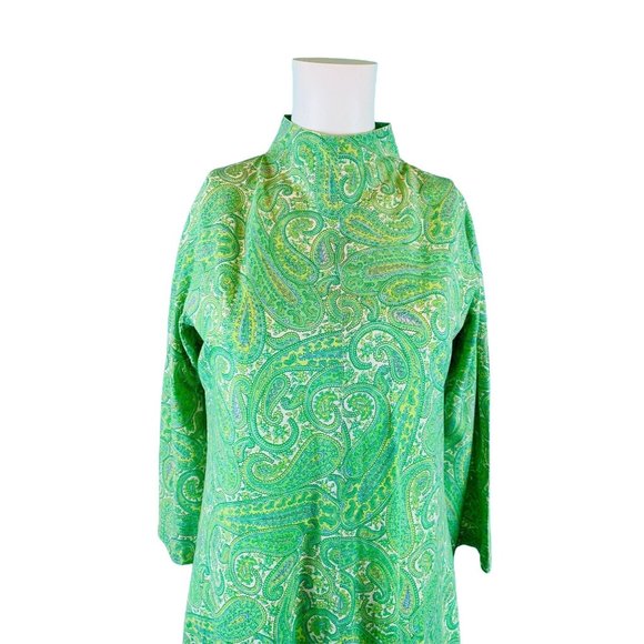 Vintage 1960s Lime Paisley Print Dress Green Mockneck Sheath | B 32" - Picture 2 of 8